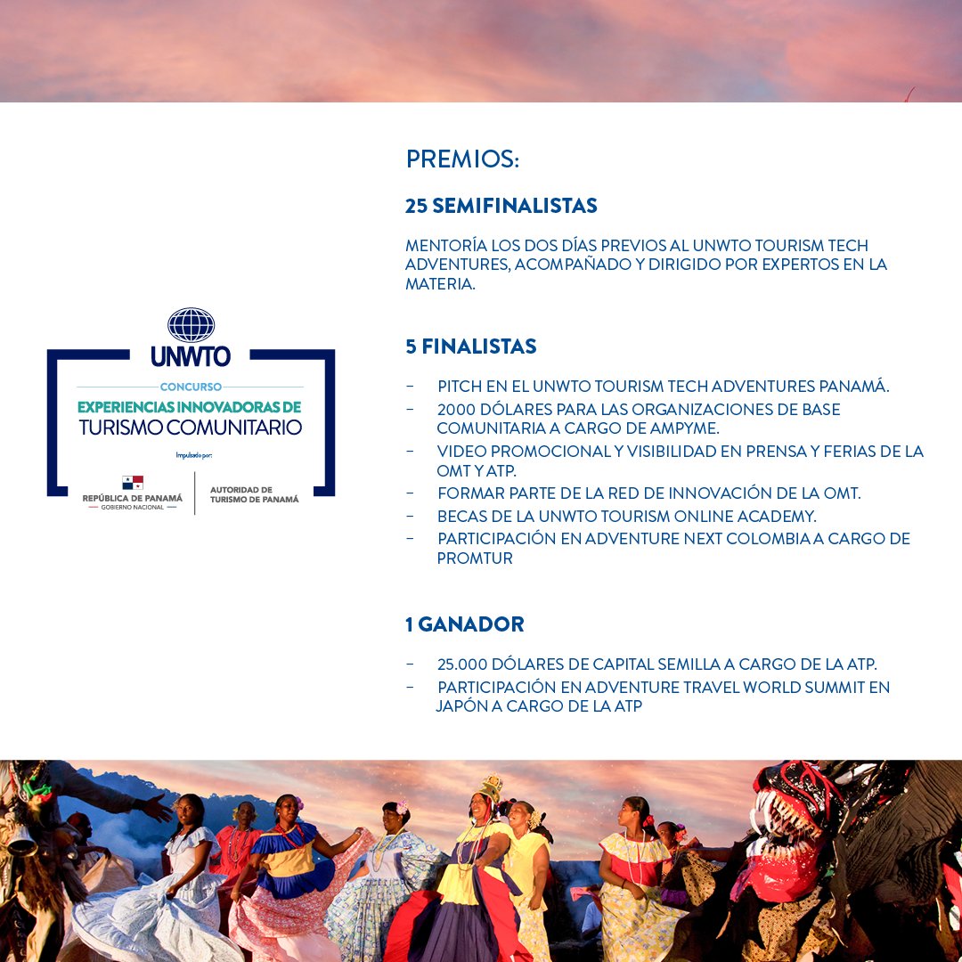 ¡Únete al Concurso de Experiencias Innovadoras de Turismo Comunitario en Panamá 🇵🇦! Conectamos a tour operadores y 🤝 comunidades locales para ofrecer experiencias innovadoras y sostenibles. 📆Plazo de inscripción hasta el 15 marzo de 2023. @ATP_panama: unwto.org/es/nuevas-expe…