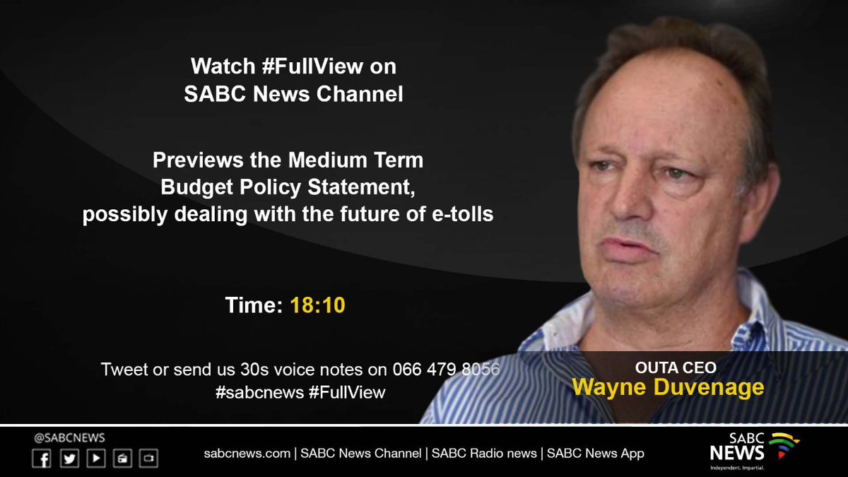 Restinguser_01's tweet photo. [LATER ON] #FullView anchor @_BongiweZwane will be in conversation with @wayneduv previewing the #MediumTermBudgetPolicyStatement, possibly dealing with the future of e-tolls. #SABCNews https://t.co/MsYaiigLRf
