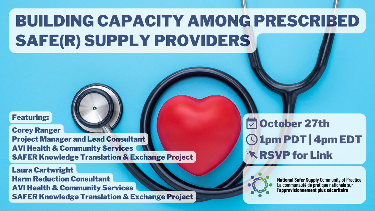 📢THIS THURSDAY🎉

@CoreyRanger + Laura Cartwright from💥<a href="/SaferVic/">SAFER</a> are joining us to discuss the new <a href="/AVIVanIsle/">AVI Health and Community Services</a> Knowledge Translation + Exchange (KTE) initiative💊

🗓️October 27th at 1pm PDT | 4pm EDT⏰

📌Register NOW⬇️
bit.ly/3CIr94k

#SaferSupply #HarmReduction