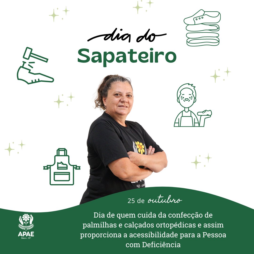 apaebauru's tweet image. 25 de outubro - Dia do Sapateiro!

Hoje comemoramos o dia de quem cuida da confecção de palmilhas e calçados ortopédicas e assim proporciona a acessibilidade para a Pessoa com Deficiência!

Feliz dia à todos os profissionais!

#apae #bauru #apaebauru #diadosapateiro