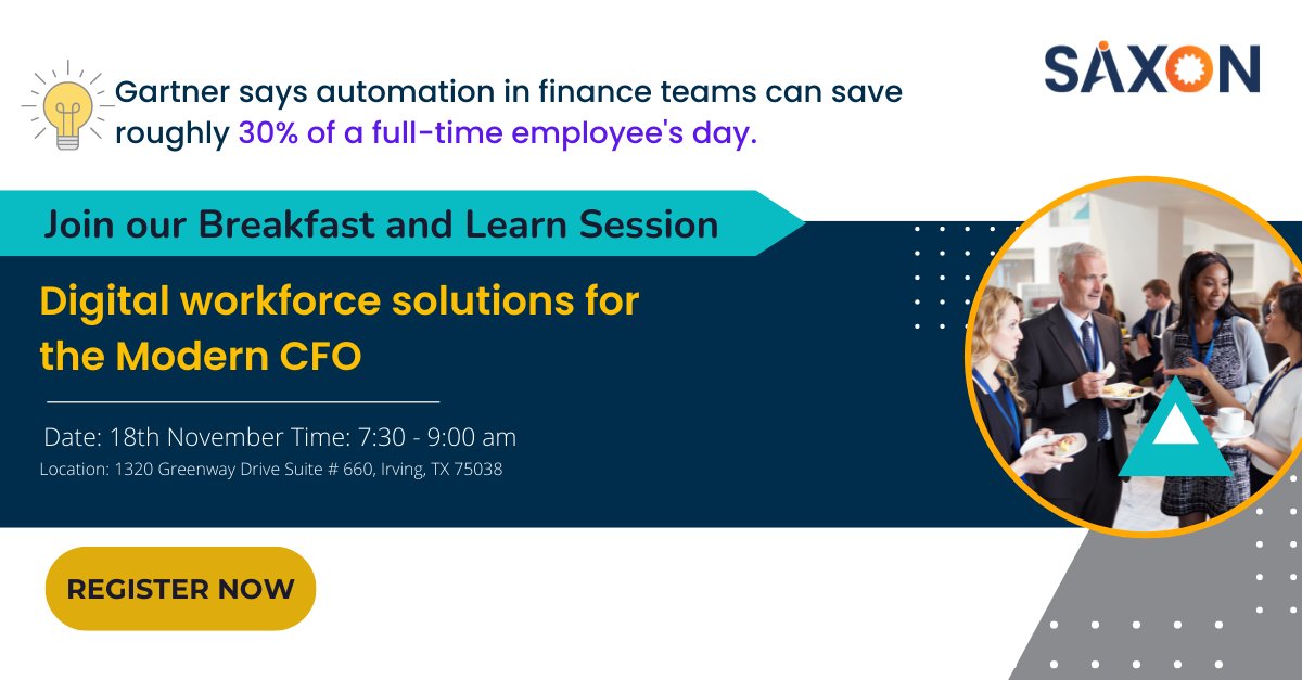 saxon_ai's tweet photo. Do you want to boost your #financeteam and save 30% of a full-time employee's day? Register now for our #breakfast and #learn session to understand #Digitalworkforce solutions for the Modern #CFO.
#cfos #events #breakfastandlearn #registernow
https://t.co/uP2kxsFoim https://t.co/gIJushRaGL