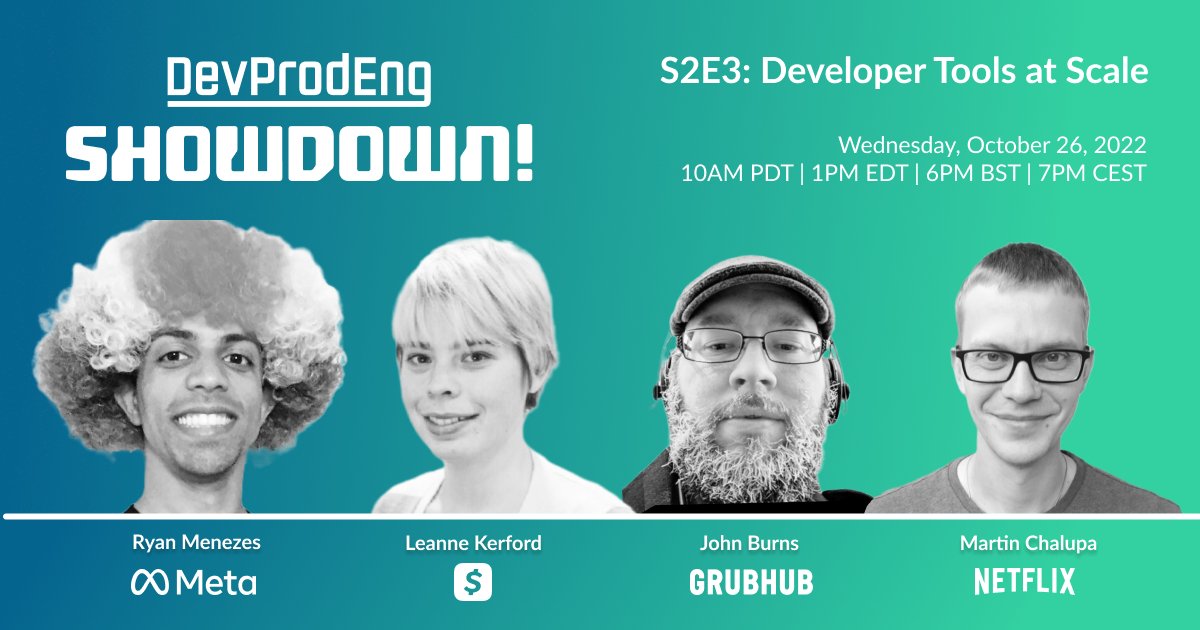 DpeShowdown's tweet image. 🔥 Tomorrow Wednesday

🤖 #DevProdEng Showdown: #Developer Tools at Scale

👉10/26 at 10 a.m. PDT with @Meta&apos;s Ryan Menezes, @BlockEng&apos;s Leanne Kerford, @GrubhubTech&apos;s John Burns, and @NetflixEng&apos;s Martin Chalupa 

➡️ Register now - gradle.com/training/devpr…