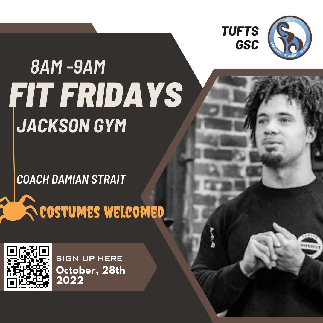 Join us for another Fit Friday this week on October 28th at 8am! Costumes welcomed! This class is $5 or there’s still a chance to buy a pass for the whole semester at a discount of $20. This is open to all SoE/GSAS/SFMA graduate students. Sign up here: forms.gle/SaGGN9jFhPibRE…