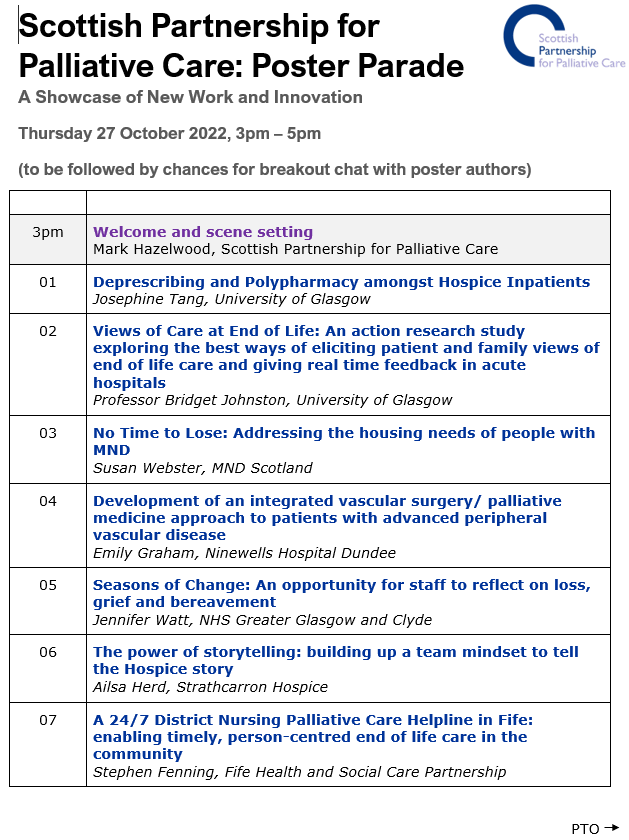 Palliative_Scot's tweet photo. Here's the varied line up of good work and innovation for Thursday's rapid-fire Poster Parade. It's free and you can register here https://t.co/e2P7Q6h9ks #SPPCPosterParade22 https://t.co/tSiRRilBsS