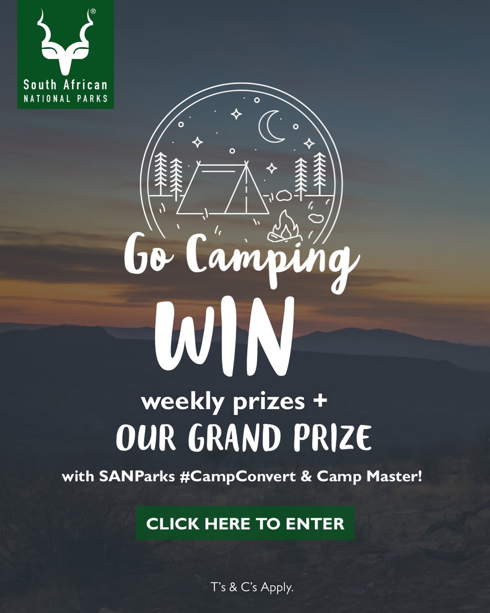 IOL's tweet photo. WIN weekly 2-night stay prizes + a GRAND PRIZE 3-night stay + activity + Camp Master camping gear for a family of four in October with @SANParks & Camp Master
*T&C’s Apply.
Enter here: https://t.co/vuQoQGjX2G
#CampConvert https://t.co/yIOafnVKWZ