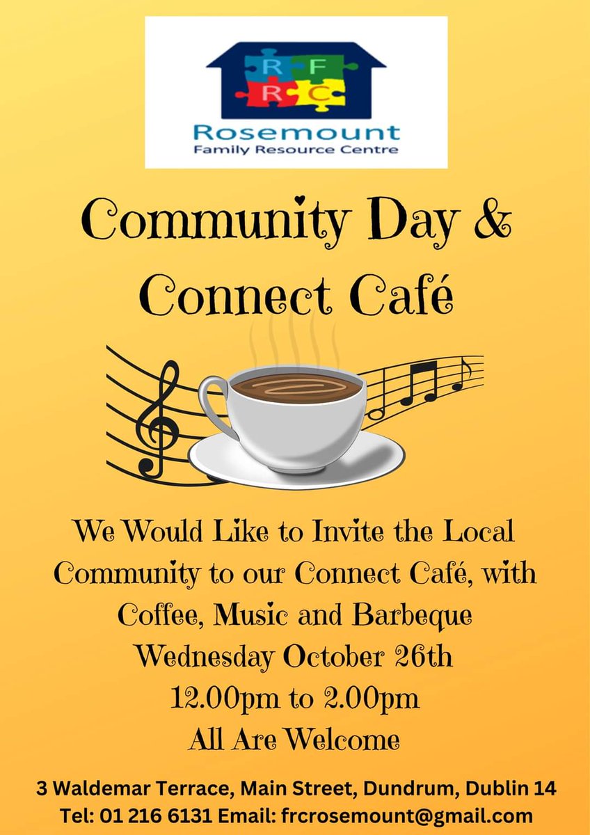 We are holding a Connect Cafe morning here in the Centre on Wednesday Morning from 12pm - 2pm. There will be Live music, tea & coffee and BBQ food. All are welcome so please join us. For more details contact us on 01 2166131.