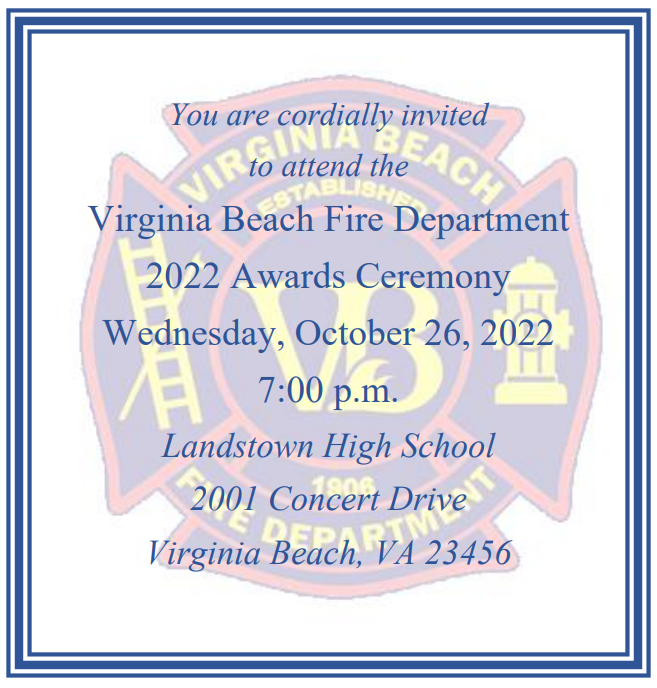 VirginiaBeachFD's tweet photo. It's that time of year when we host our Annual Awards Ceremony, Wed., Oct. 26 at 7 p.m. at Landstown High School, 2001 Concert Dr. The 2022 Firefighter of the Year will also be announced at the event. #FirefighterOfTheYear #awards #recogntion https://t.co/800fYMdAmA https://t.co/YPiaFDXIms
