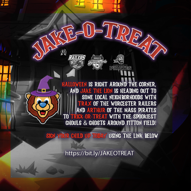 Sign up for FREE for a chance to win a trick-or-treat experience with Jake the Lion, Arthur the Pirate, and Trax the Railyard Dog! 🍬🎃 @railersHC @mass_pirates Sign up: bit.ly/JAKEOTREAT