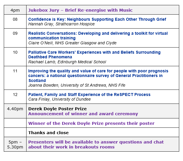 Palliative_Scot's tweet photo. Here's the varied line up of good work and innovation for Thursday's rapid-fire Poster Parade. It's free and you can register here https://t.co/e2P7Q6h9ks #SPPCPosterParade22 https://t.co/tSiRRilBsS