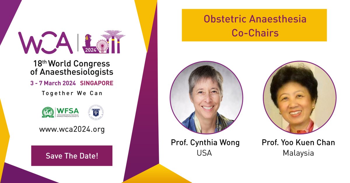 👉 Proudly presenting the Obstetric Anaesthesia track co-chairs! Find out more: wca2024.org/7z3e @CynthiaAWongMD #anaesthesiology #PerioperativeMedicine #IntensiveCare #WCA2024