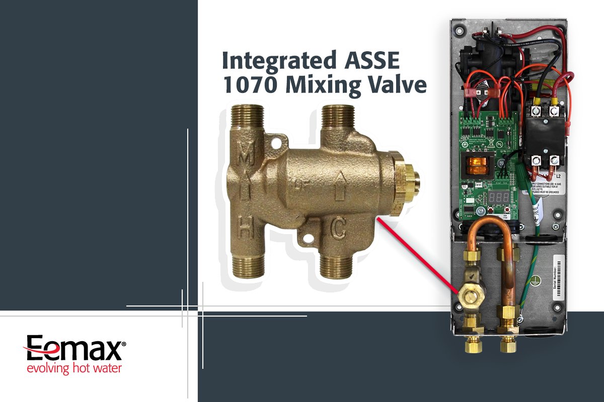 #Eemax #AccuMix II meets UPC 407.3 for public handwashing with an integrated ASSE 1070 compliant mixing valve bit.ly/3ONOuEz  AccuMix II heaters feature an internally calibrated mixing valve and circuit board #tanklesselectricwaterheater #handwashing #commercialhotwater