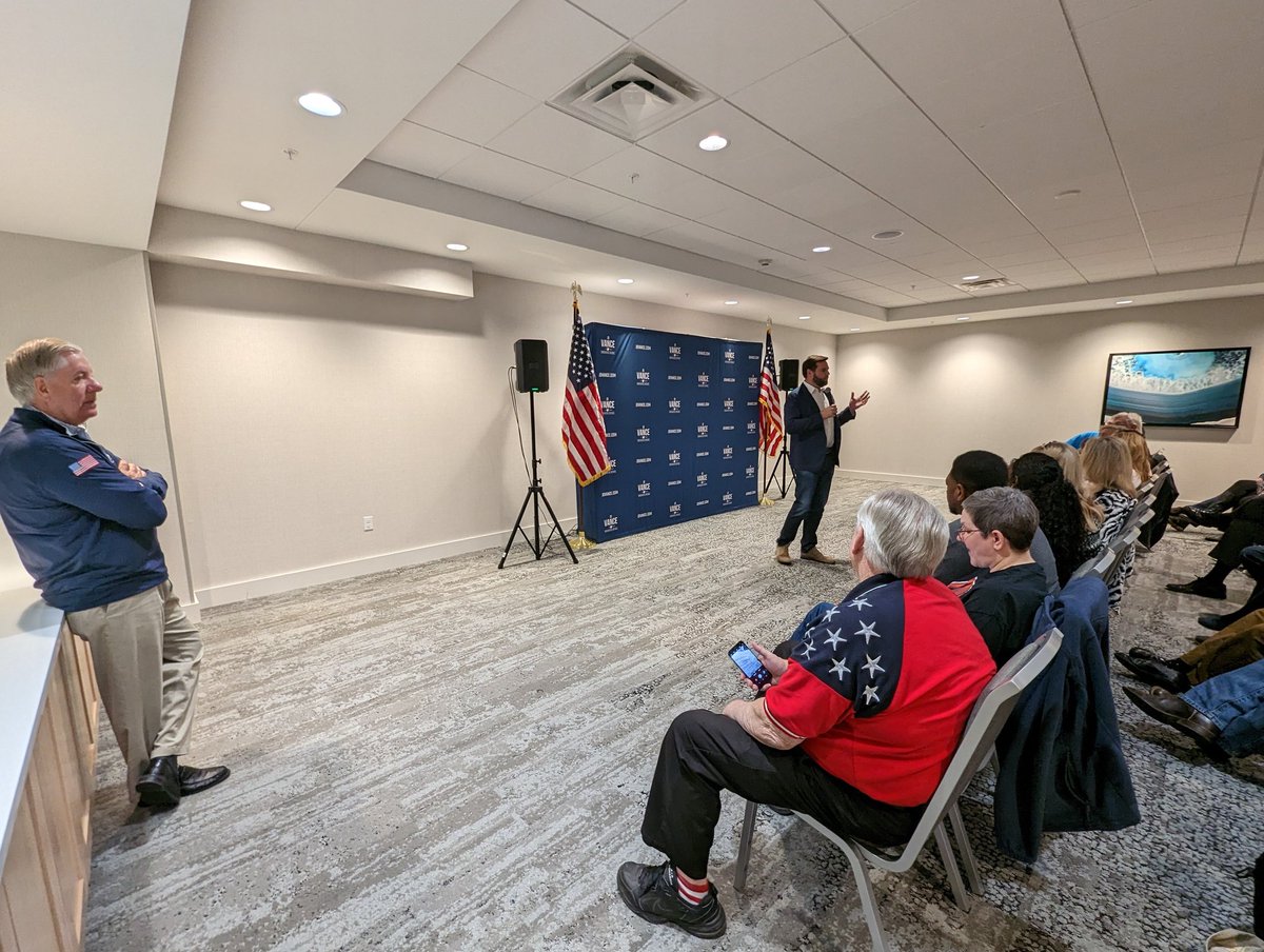 "We're the party of normal people," JD Vance tells about 50 in event with Sen Lindsey Graham near Easton, before repeating jokes told by Ted Cruz... including that "inflation is so bad that Hunter Biden can't afford crack cocaine"