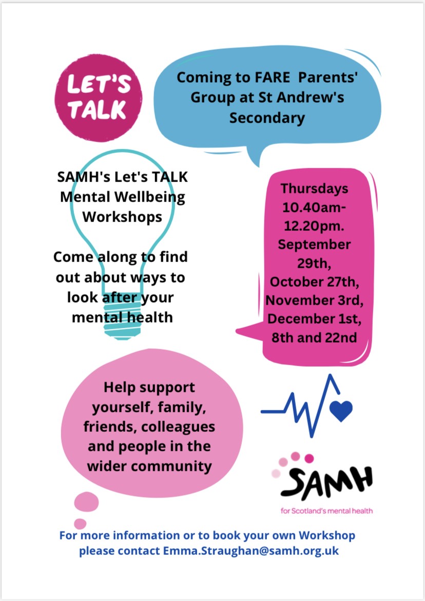 Dear Parents/Carers of 
<a href="/StAndrewsRCSec/">St Andrew's Secondary School</a>
 
Why not come along to the school on Thursday 27th October from 10.30am until 12.30. You will also get the opportunity to sign up for other courses that will be taking place with our Partnership Base 
<a href="/FARE_Scotland/">FARE Scotland</a>

<a href="/PartnershipBase/">St Andrews Partnership Base & DYW</a>
