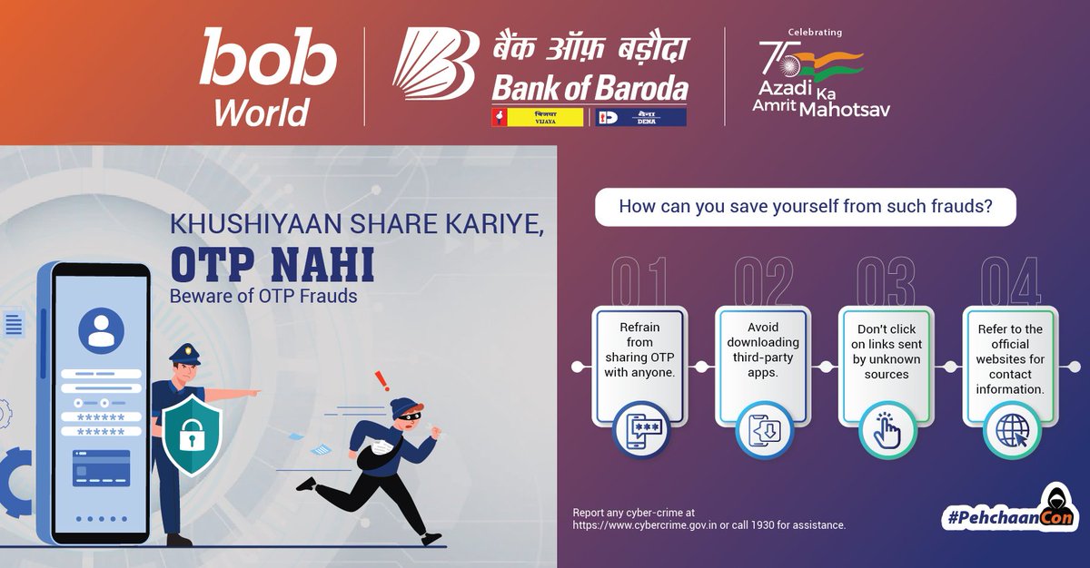 bankofbaroda's tweet photo. Khushiyan baantne se badhti hai lekin OTP baantne se CON ho jate hain. Never share your OTP with anybody and save yourself from frauds!
#BankofBaroda #CyberSecurityAwarenessWeek #CyberSecurity #PehchaanCon #AzadiKaAmritMahotsav @AmritMahotsav https://t.co/oOZH64913K