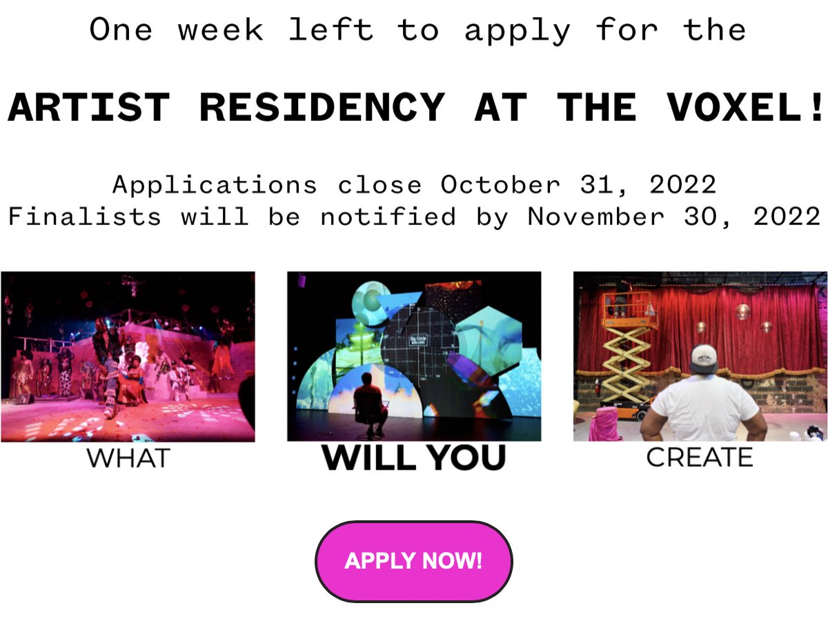 VoxelTheater's tweet photo. One week left to apply for the Artist Residency program!  https://t.co/xswPw1cntk https://t.co/ZUXJw5M6V5