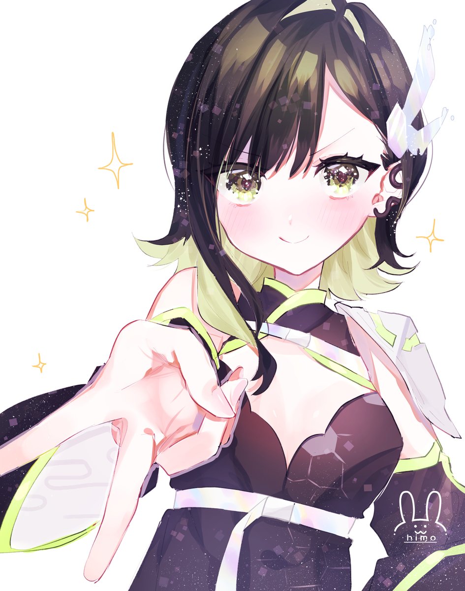 1girl solo smile black hair green hair white background looking at viewer  illustration images