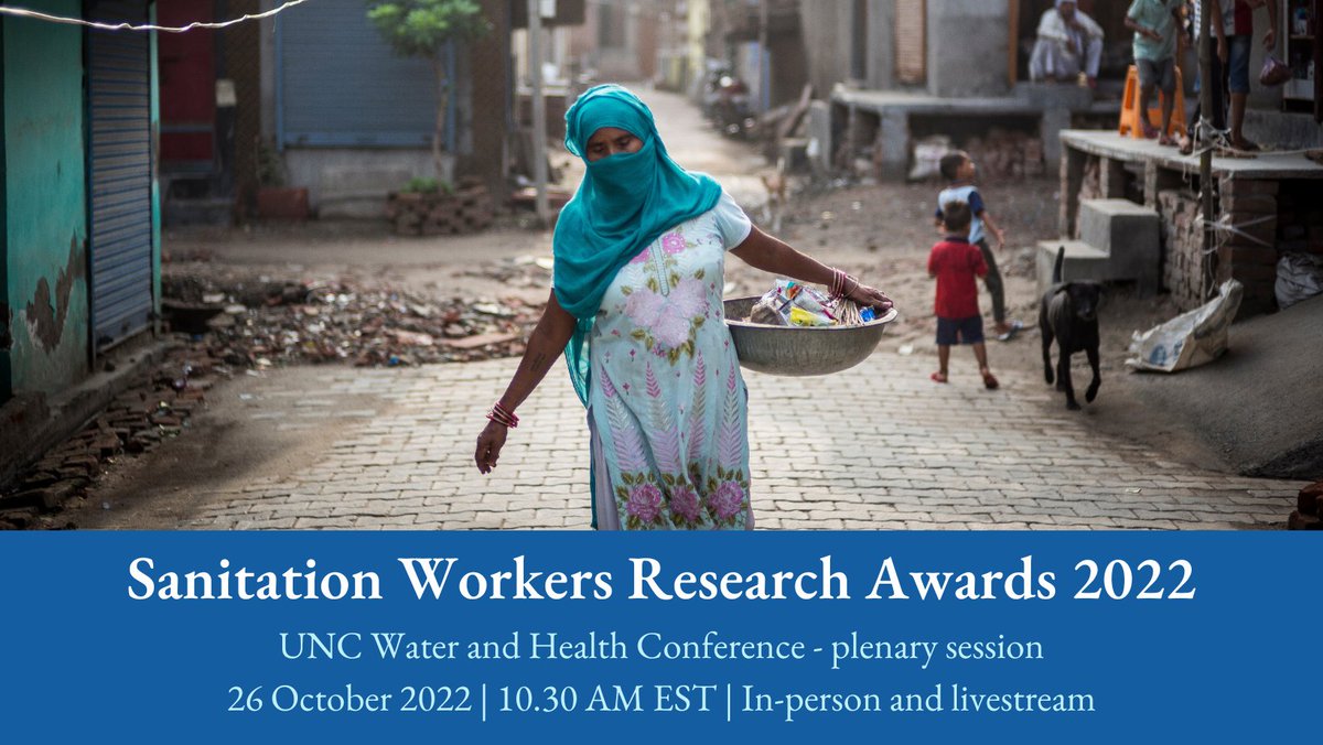 #SanitationWorkers Research Awards'22- Join us for the announcement at the #UNCWaterandHealth conference.

⏰ 26 October, 10.30 AM EST. 
👉 In-person/virtual registration: tinyurl.com/2p8r77nc

Read more: tinyurl.com/2afub7tr

#sanitation #WASHtwitter #sanitationheroes