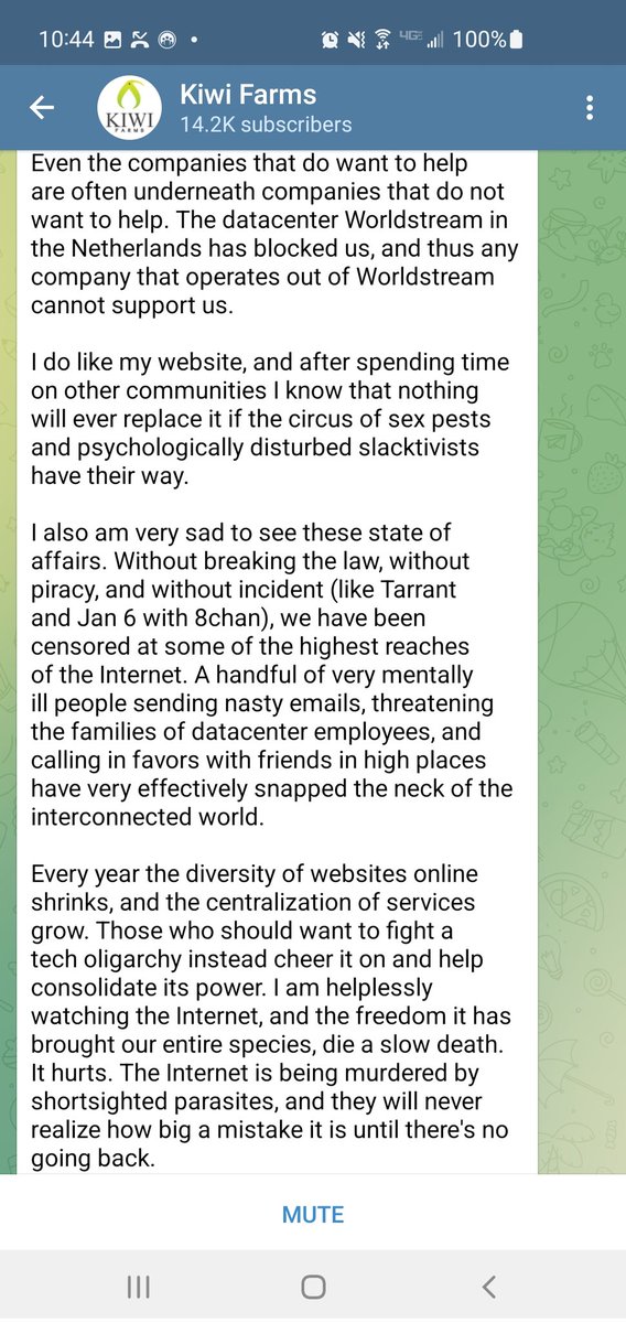 "I am helplessly watching the Internet, and the freedom it has brought... die a slow death. It hurts. The Internet is being murdered by shortsighted parasites, and they will never realize how big a mistake it is until there's no going back."
t.me/kiwifarms