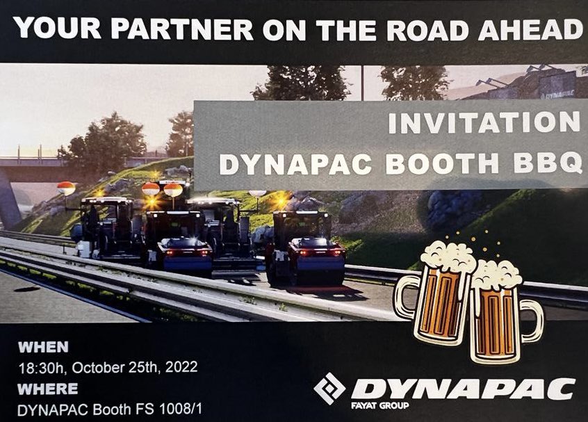 BAUMA 2022

Dynapac UK are currently at #bauma2022 and we invite you to join us!

What's better than a BBQ &amp; Beer? Come over to our stand to get your free ticket!

We look forward to seeing you!

📍Booth FS1008/1

#bauma #bauma2022 #dynapac #fayat