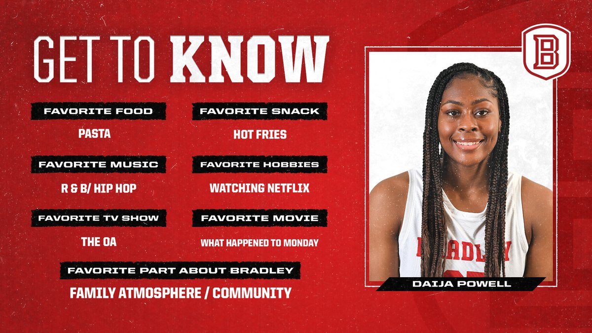 BradleyWBB's tweet photo. Get to Know our 2022-2023 Women's Basketball Team!

Next up we have Daija Powell. 

#BeBold #BeBrave https://t.co/5bGXHl9uJl
