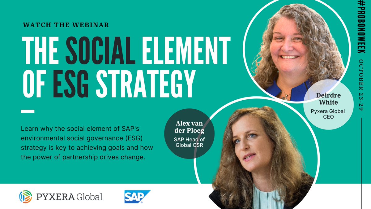 Continuing with our celebration of Pro Bono Week and spotlighting our work with @sap4good, Pyxera Global's CEO, @deirdrewhite, joined SAP's Head of Global CSR, Alexandra van der Ploeg, for their Moments of Service webinar last month. Watch now: bit.ly/3DxwYC1 #SAP4Good