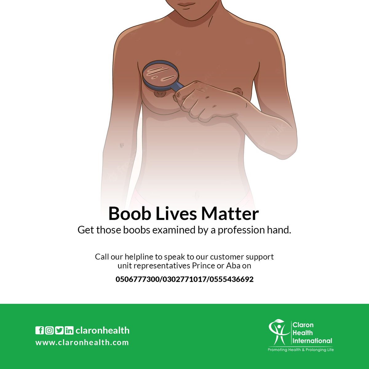 claronhealth's tweet photo. How much do you care for you #Breast?

Do well to send us a Message to Claron Health International on WhatsApp to have your breast screened.
https://t.co/E0diZEXSzF

#ClaronHealth 
#Health 
#breastcancer 
#ClaronCaress https://t.co/JNU66QPJLG