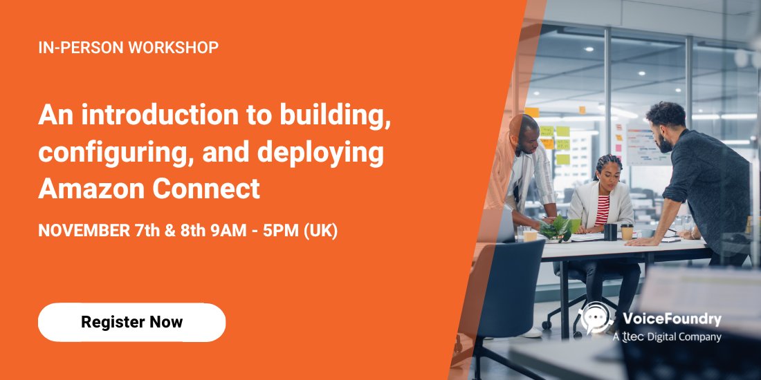 Did you save your seat in our AWS Builder’s Workshop? On Nov 7th and 8th from 9 am – 5 pm (UK), we’ll dive into an introduction to Amazon Connect with hands-on guidance from AWS Amazon Connect and VoiceFoundry experts.

Visit our site to register: bit.ly/3gkvr94