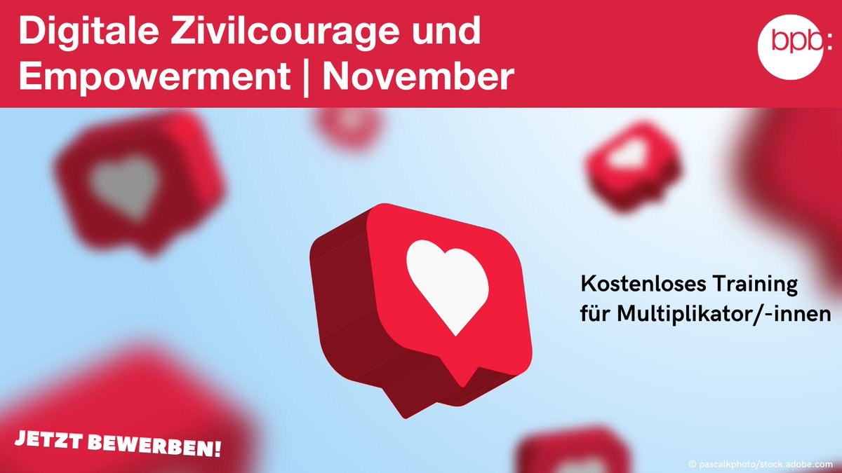 Jetzt noch für den Workshop #DigitaleZivilcourage und Empowerment" bewerben. Frist: 28.10. Die Veranstaltung richtet sich an #SocialWeb-Akteur/-innen und vermittelt Wissen und Strategien, um sich dem extremistischen Diskurs im Netz entgegenzustellen: bpb.de/344085