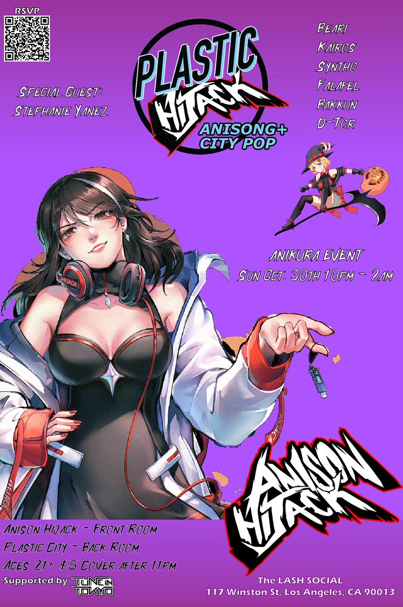 TuneInTokyoClub's tweet photo. Plastic Hijack returns for a special collaboration event spanning both rooms at The Lash. Join us for our Halloween Party!
RSVPs Appreciated:https://t.co/NStuDBpyd9
#citypop #plasticcity #tuneintokyo #kayokyoku #idolkayo #danceparty #vinyl #80s #showaera #DJ #dtla #anime #ost https://t.co/77xhdU22bu