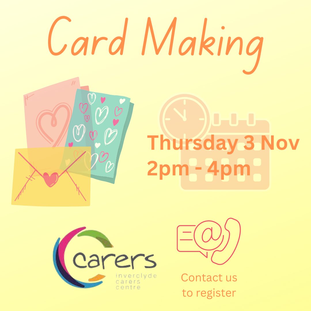 We’re getting our craft box ready! 🖌✂💌 Join us on Tuesday 3 November, 2pm-4pm, for card making! Get in touch if you want to join: enquiries@inverclydecarerscentre.org.uk or call 01475 735180.