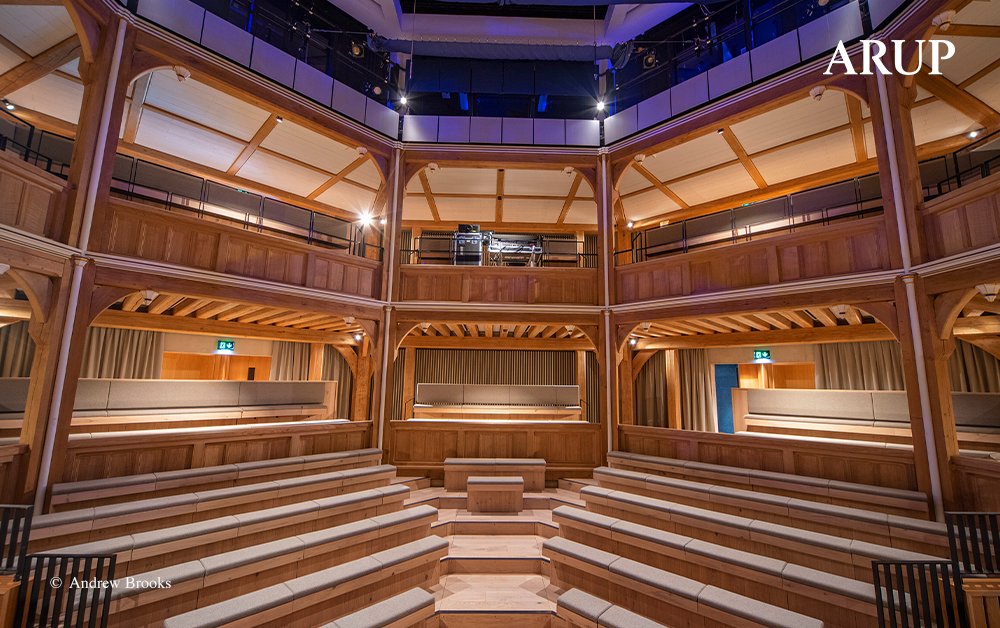 Arup's tweet image. The opening season is in full swing at the UK’s latest cultural attraction, the @ShakespeareNP in Prescot, Knowsley. The theatre is a timber replica of one of the earliest known indoor playhouses in London. Read more: bit.ly/3VW9rSi