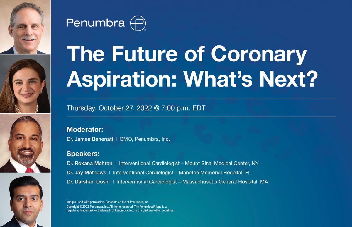 PenVascular's tweet photo. Our esteemed faculty will discuss the past, present, and future of coronary aspiration this Thursday, at 7pm ET. Interested in learning more? Register here:  https://t.co/lszEwv4m3s https://t.co/xXsfbBDdiQ