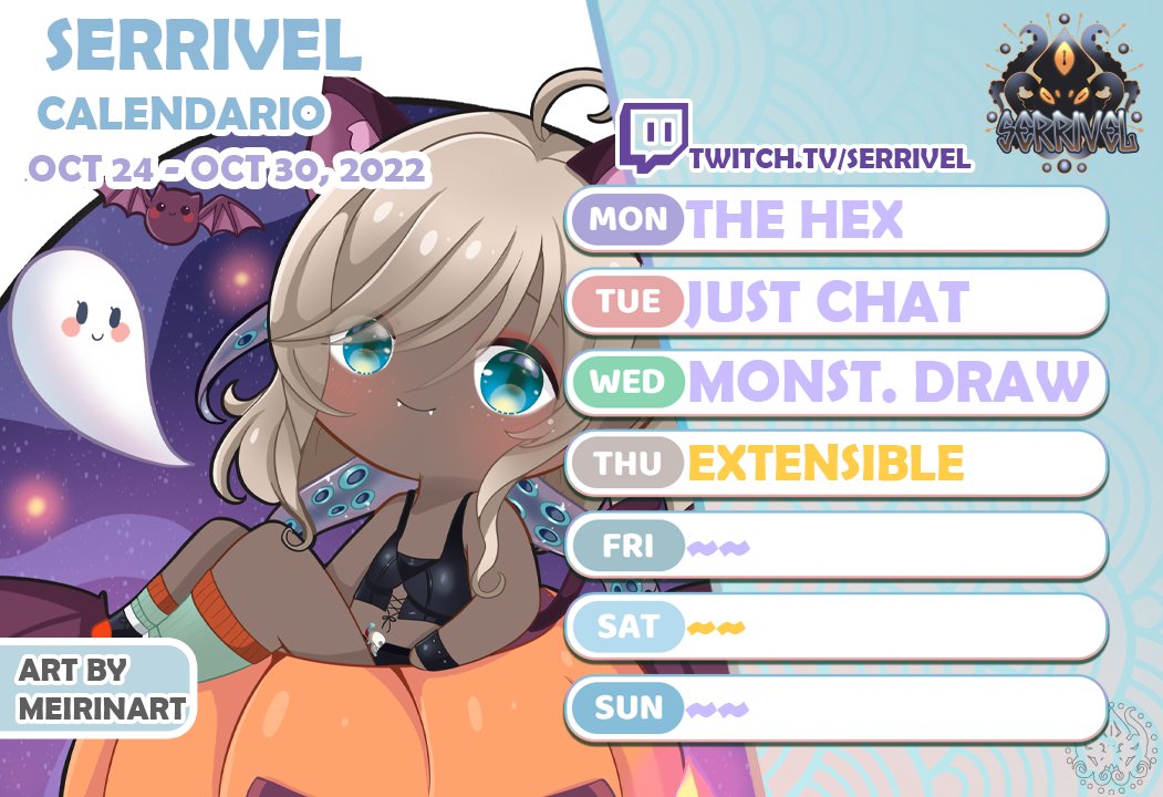 Serrivel's tweet photo. ≋ Calendario Semanal ≋
LUN: The Hex
MAR: J. chat
MIER: Monstruoficando
JUEV: Extensible 1º 🥳
Hora: 07:30🟨(🇪🇸) - 17:00🟪(🇪🇸)
-> https://t.co/ZN6nEtTlkn
#Serrivel #SerrivelVt #Tentastic
#Vtuber #VtuberES https://t.co/W7oocE8aPg
