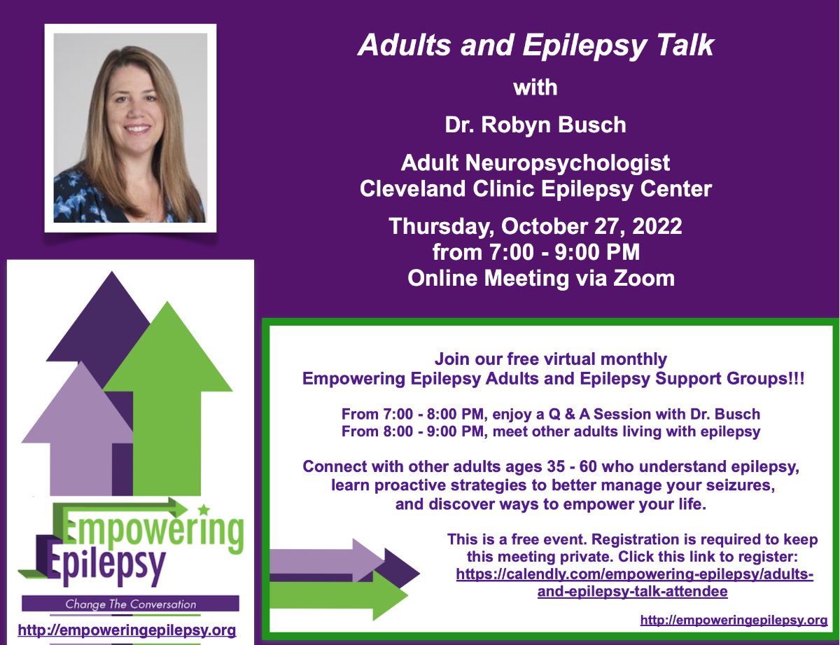 EMPEpilepsy's tweet photo. Young Adults &amp; Epilepsy Talk Tonight with Dr. Jeannette Iskander, Pediatric Psychologist from Akron Children's Hospital! Adults &amp; Epilepsy Talk this Thursday with NeuroPsychologist Robyn Busch from Cleveland Clinic Epilepsy Center! - https://t.co/K7zuH3Sj5C https://t.co/1TVKBtb23F