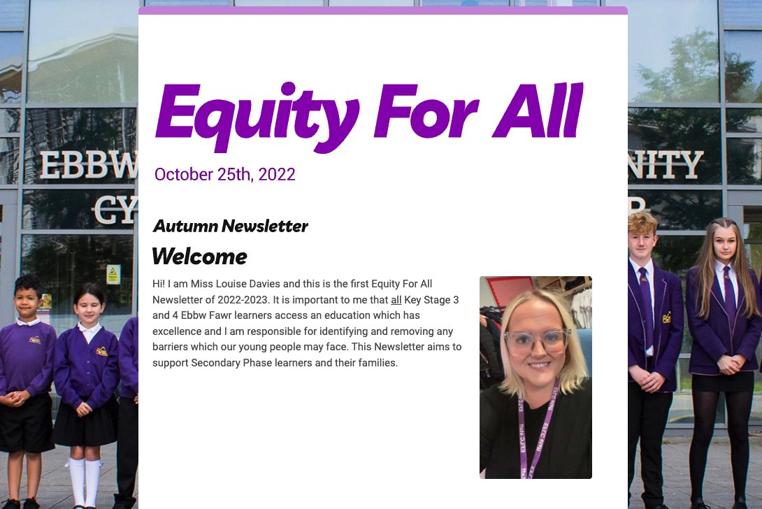 ebbwfawr's tweet photo. Dear Parents/Carers - Please click on the link below to view our new termly Equity For All newsletter:

https://t.co/G6qlDONxvY https://t.co/Kz16gI8oMx