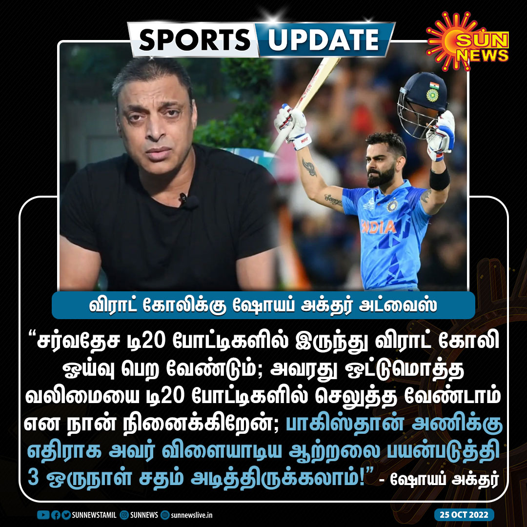 sunnewstamil's tweet photo. #SportsUpdate | விராட் கோலிக்கு ஷோயப் அக்தர் அட்வைஸ்!

#SunNews | #ShoiabAkhtar | #ViratKohli https://t.co/8xdccXuf39