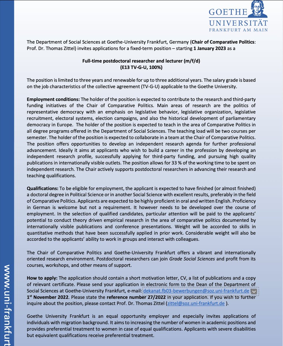 Julian Garritzmann (@garritzmannj) on Twitter photo My dear colleague Thomas Zittel is looking for a postdoc (3+3 years) and a PhD student (3 years, no teaching) <a href="/goetheuni/">Goethe-Universität</a> Join us!
goethe-university-frankfurt.de/125792270.pdf
goethe-university-frankfurt.de/125792282.pdf
#academicjobs #phd #postdoc #politicalscience #trust My dear colleague Thomas Zittel is looking for a postdoc (3+3 years) and a PhD student (3 years, no teaching) <a href="/goetheuni/">Goethe-Universität</a> Join us!
goethe-university-frankfurt.de/125792270.pdf
goethe-university-frankfurt.de/125792282.pdf
#academicjobs #phd #postdoc #politicalscience #trust