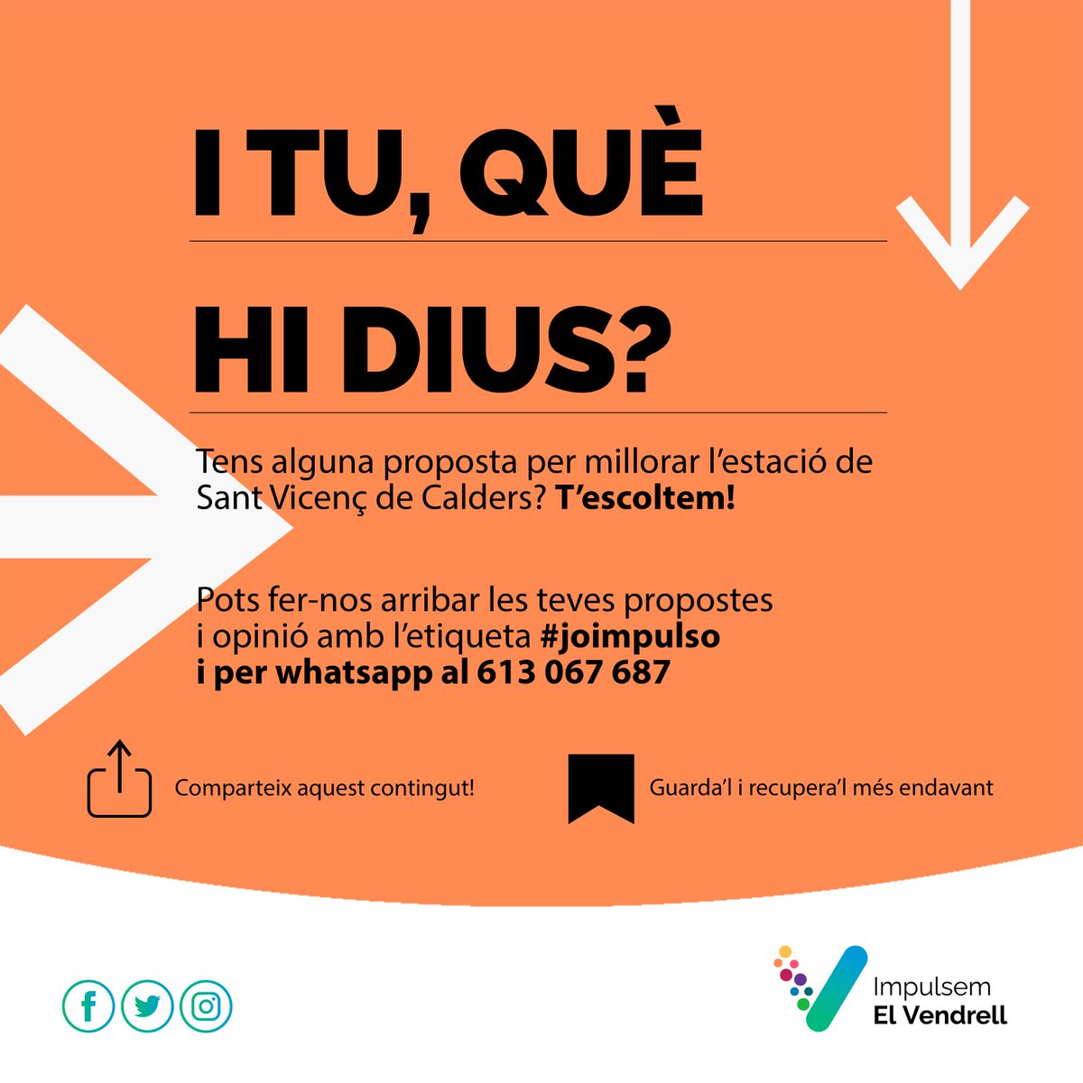 impulsemelV's tweet photo. I tu, què hi dius? Estem a punt per escoltar-te!
#joimpulso #impulsemelvendrell #trens #rodalies #elvendrell #baixpenedès #penedèsmarítim #mobilitatsostenible #aparcament #R2sud #R4 #RT2 #R13 #R14 #R15 #R16 #R17 https://t.co/UFcdpsWh9T