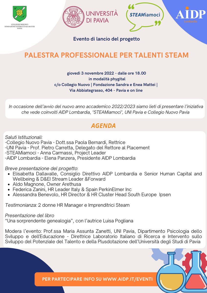 AIDP Lombardia vi invita all'evento di lancio del progetto
"PALESTRA PROFESSIONALE PER TALENTI STEAM"
giovedì 3/11/2022 - dalle ore 18.00 in modalità phygital  aidp.it/events/incontr…