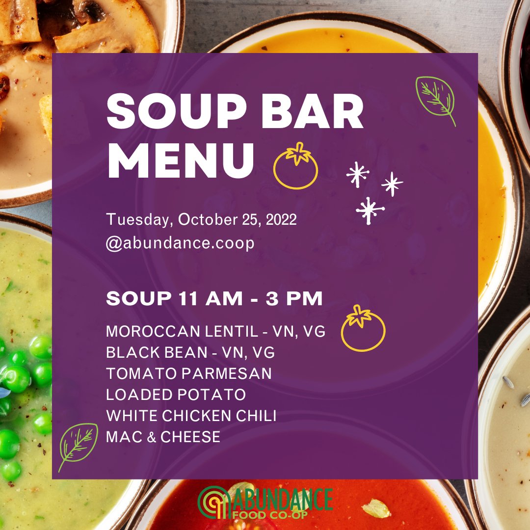 Home is where the soup is! ❤️🍲

Stop in and enjoy a steamy bowl in our bright and sunny cafe!
 
#soupmenu
#soupoftheday
#abundancecoop
#shoproc
#naturalfoodstore
#naturalfoodie
#souplunch