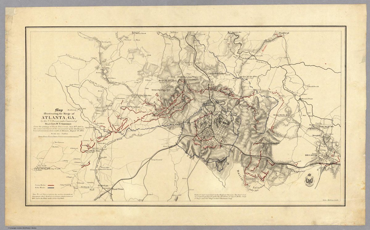 Sherman's siege of #Atlanta, GA: period Union and Rebel force locations are noted in red and blue (1864)

#georgia #maps #cartography