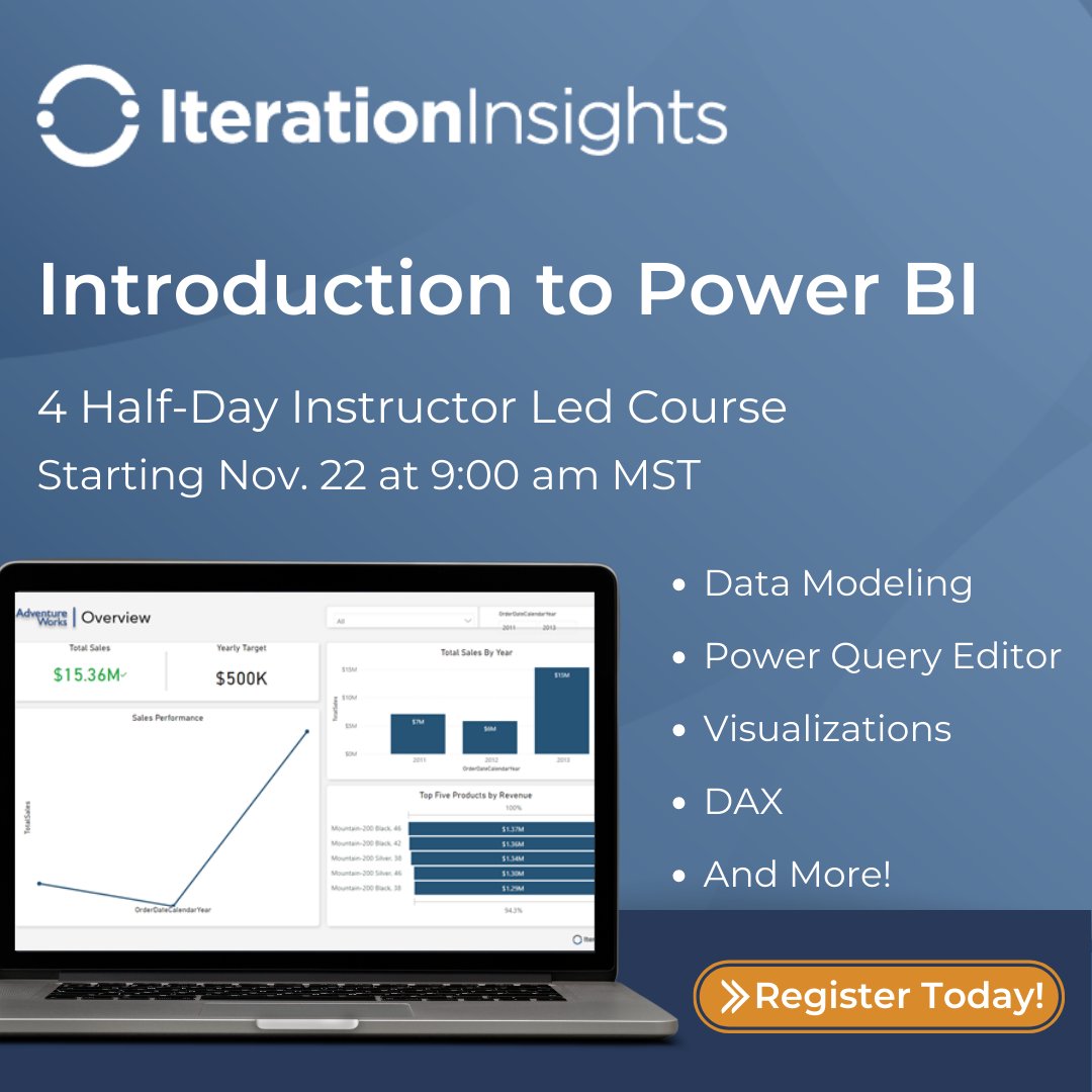 iterinsights's tweet image. Transform your #data in our 4 Half-Day instructor-led course!
Create interactive dashboards while learning #PowerQueryEditor, #DataModeling, creating custom #Visualizations, and more!
Claim your spot today!
iterationinsights.com/event/introduc…