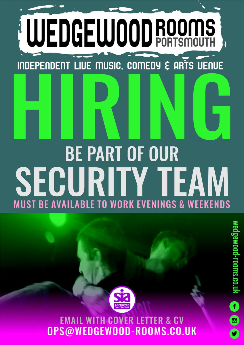 We’re hiring security staff! 🔸Must have a valid SIA badge 🔸Must be available to work evenings and weekends If you want to work at a music venue, join our security team at the Wedge. Send over your CV to ops@wedgewood-rooms.co.uk