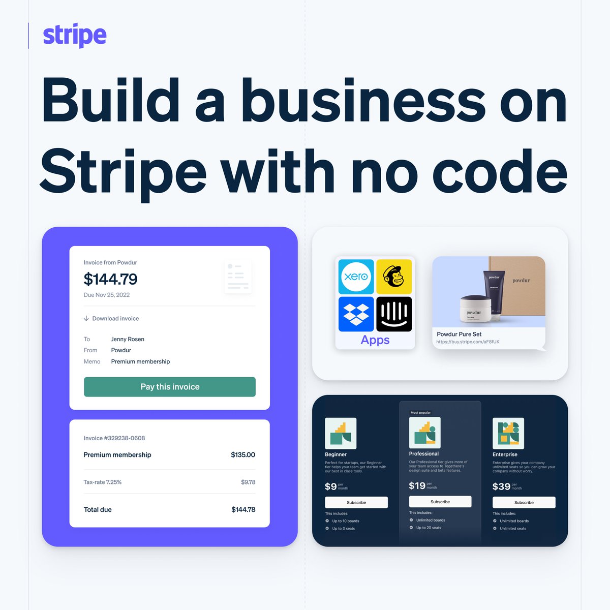 Build a business on Stripe without writing a *single* line of code.

We’ve put together a handy guide to help you get started: stripe.com/docs/no-code.

A roundup of the no-code tools we've shipped. ⤵️