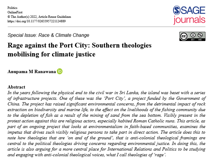 Read Anupama's (@ARanawana25) from @divinitysta #OA article in @JournalPolitics👇

'#Rage against the Port City: Southern theologies mobilising for #ClimateJustice' 
doi.org/10.1177/026339…

Part of the special issue: #race & #ClimateChange

#OpenForClimateJustice #OAWeek22