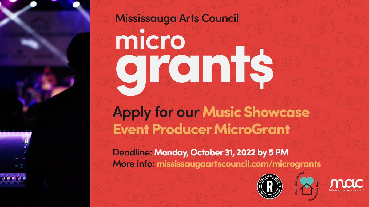 Apply for our Music Showcase Event Production MicroGrant! 🎶💵

This MicroGrant gives you the opportunity to produce your dream music event featuring Mississauga musicians.

Deadline: Mon, Oct 31 by 5 PM. Click here for guidelines and submission forms ➡️  bit.ly/MACMicroGrants