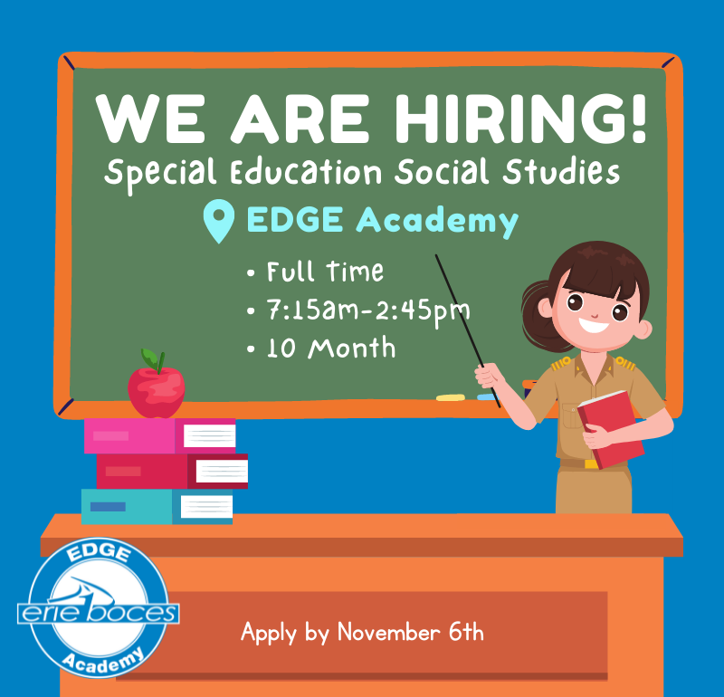 Are you a Special Education Teacher? We are looking to hire a Social Studies Special Education teacher for our EDGE Academy. Application due by November 6th. Apply at: e1boces.recruitfront.com/JobPosting?JID…
