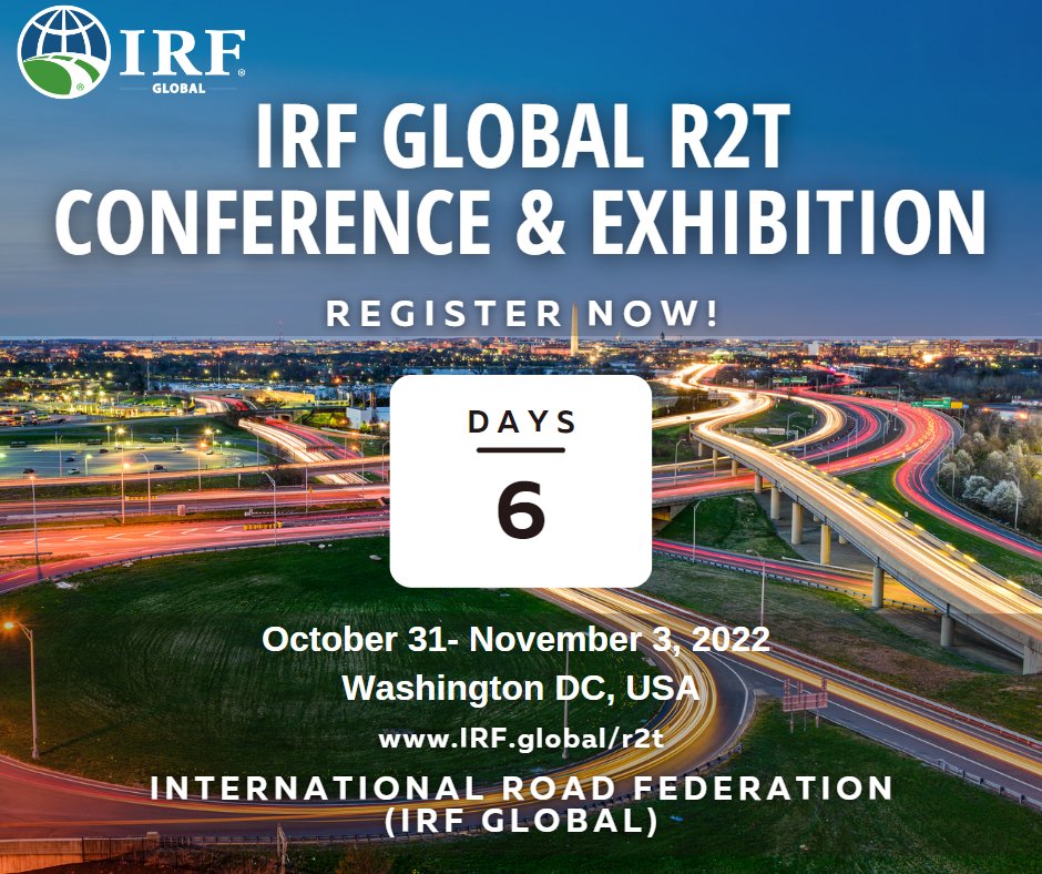IRF_global's tweet photo. Time is running out! There are just 6 days left!
Register now here at https://t.co/xGas3FJBtd for the IRF Global #IRFR2T Conference & Exhibition.
#transportation #roadsafety #mobility #roadindustry #technology #exhibition #innovation #futureroads https://t.co/X4fkZflYQx