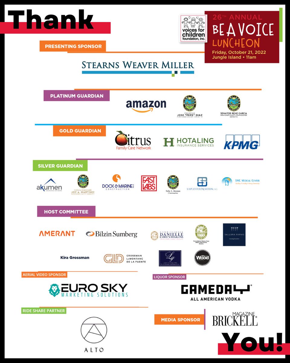 With heartfelt gratitude we salute the sponsors of our record-breaking #BeAVoice Luncheon. These sponsors lead the way for a room of over 500 Miami-Dade County elected officials, community leaders, philanthropists and citizens to raise a historic amount of over $250,000.