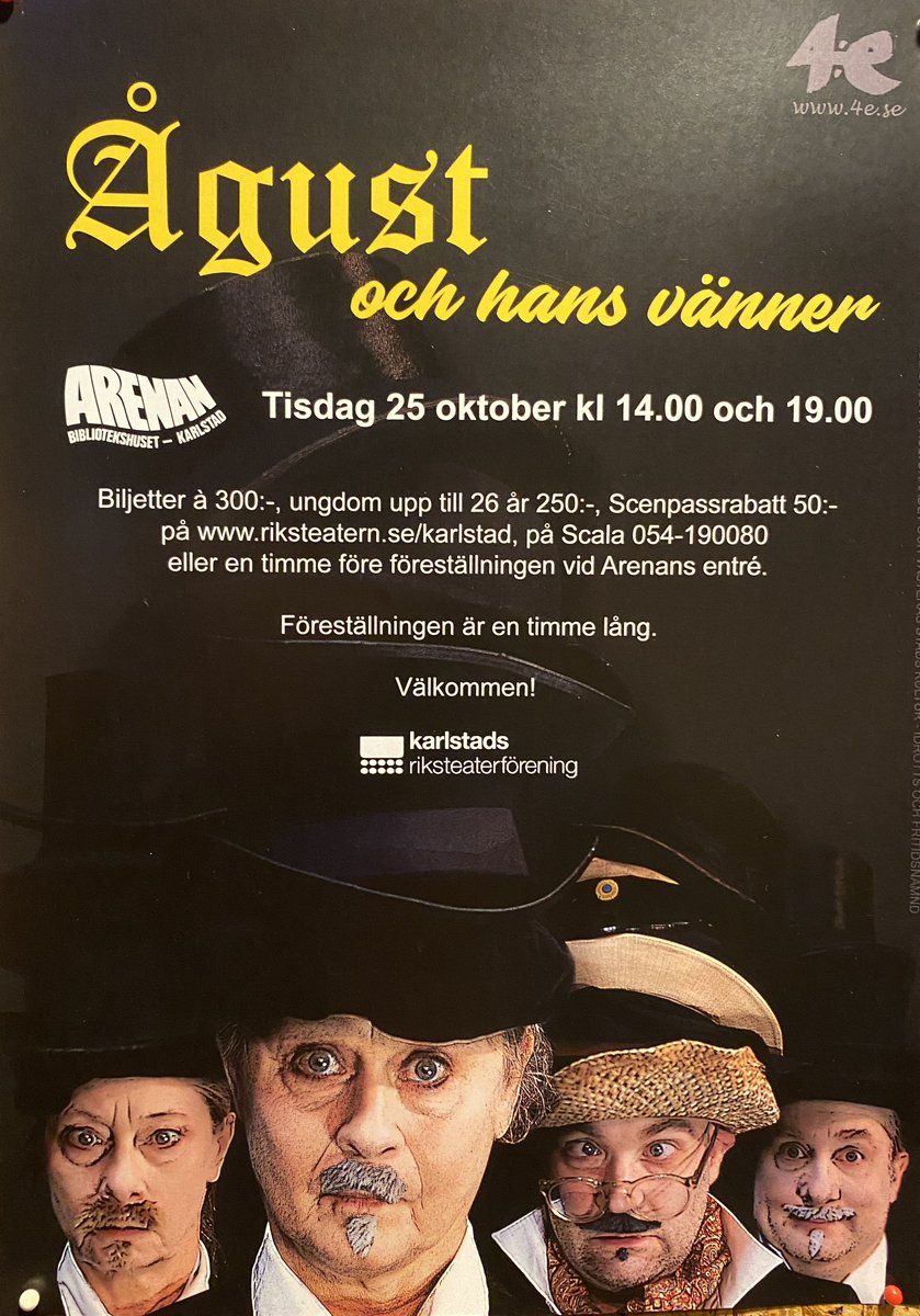 Kul på Arenan: Regnig höstkväll i kväll 25 oktober. Då passar det utmärkt bra med Ågust &amp; hans vänner som ”4:e Teatern” från Västerås är på besök med i Karlstad. En både mycket roliga och charmig turboföreställning om Strindberg i fyra skepnader. Kl 19 börjar det.